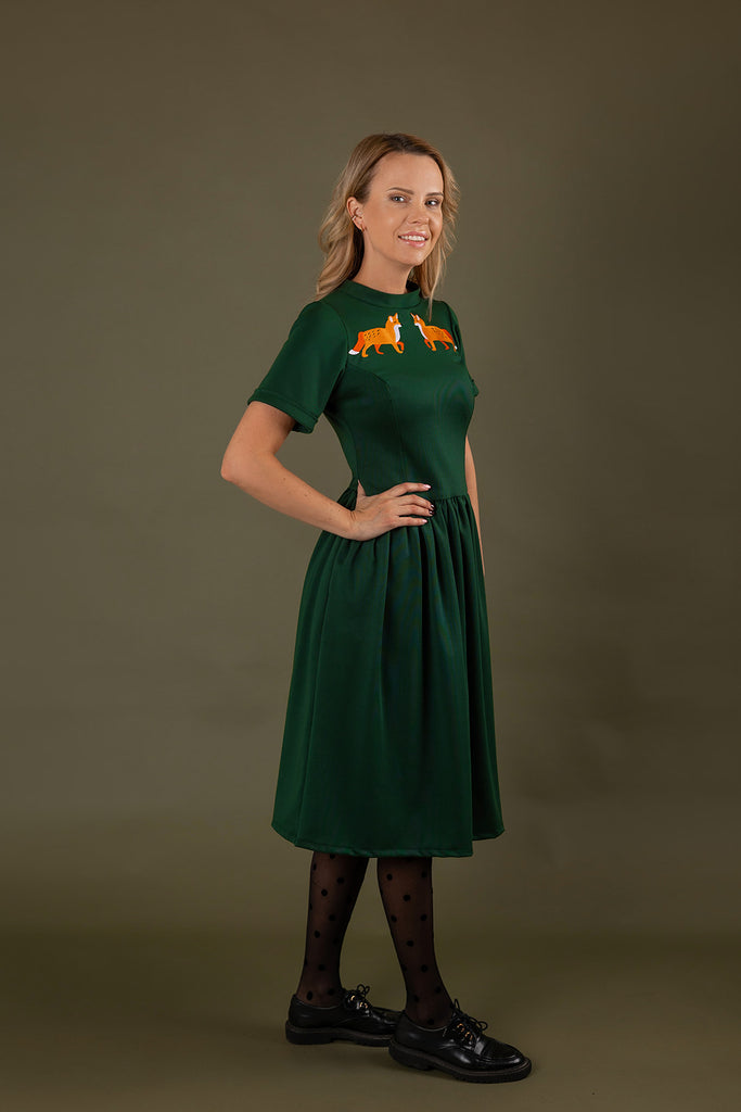 Forest Green viscose dress with fox embroidery Forest Green viscose dress with fox embroidery