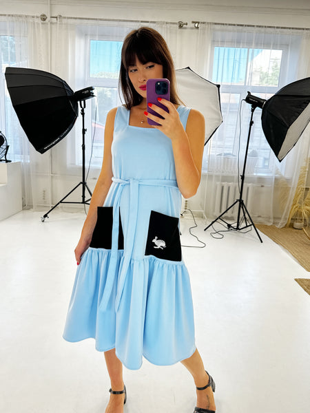 Light blue viscose dress with bunny