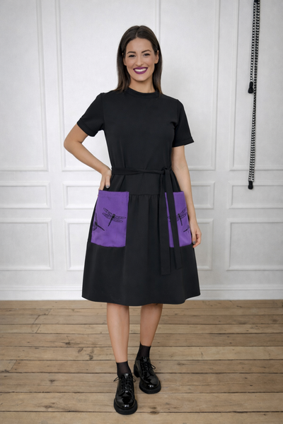 Knitted Viscose Dress with Velvet Pockets and Dragonfly Embroidery