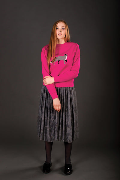Fuchsias Pink Sweater with Silver Fox embroidery