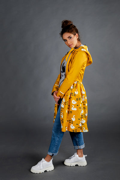 Mustard raincoat with Swans printed skirt / Dress cut
